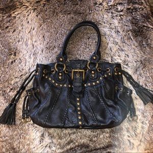 Isabella Fiore Black Whipstitch Leather Tote Bag